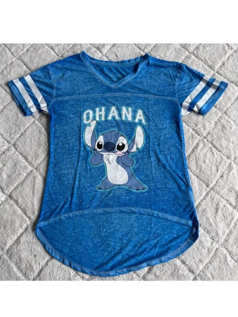Disney | "Ohana" Blue Heather Varsity Stitch Graphic T Shirt | Size Small